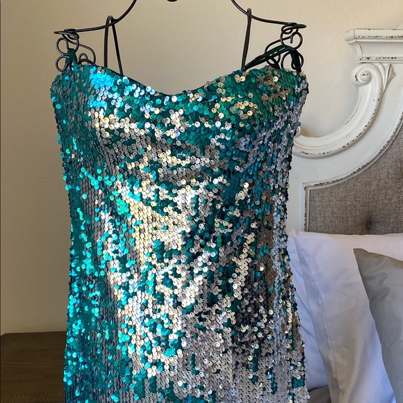 As U Wish Teal & Silver Sequin Slip Dress - Picture 4 of 12